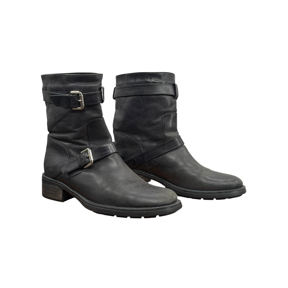 Aquatalia Mid Moto Boot Womens 8.5 Black Grunge Biker Buckle Leather Edgy Punk